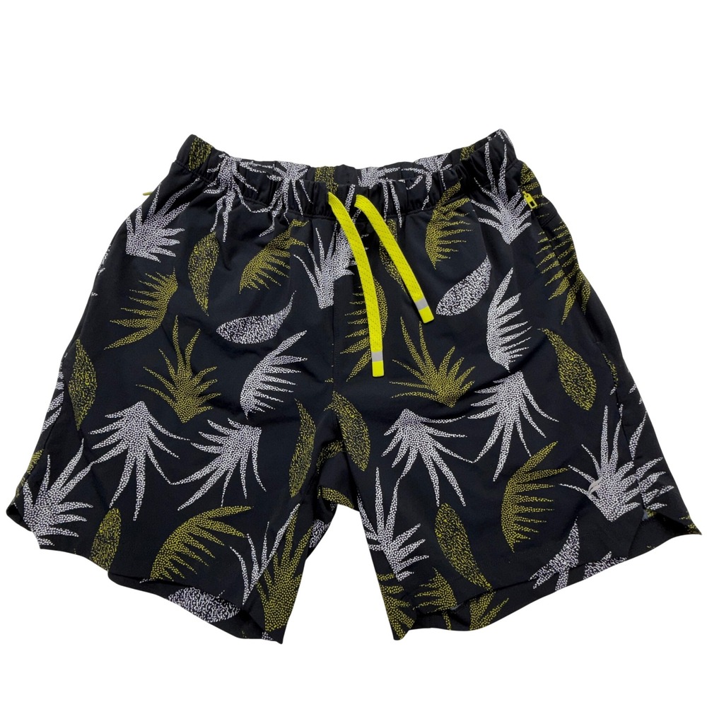 Fabletics Shorts Sz M Black Lime Green Botanical Leaf Print Active Gym Athletic